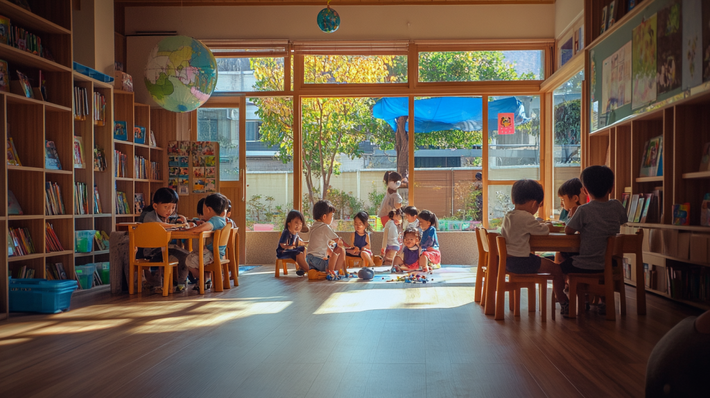 Children engaged in various activities in a bright preschool classroom, with bookshelves, a globe, and a view of outdoor play, illustrating the social and emotional benefits of part-time preschool programs.